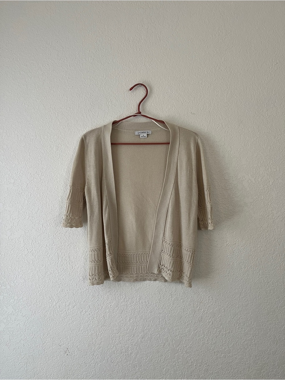Liz Claiborne Half-Sleeve Open-Front Cardigan with Crochet Detail